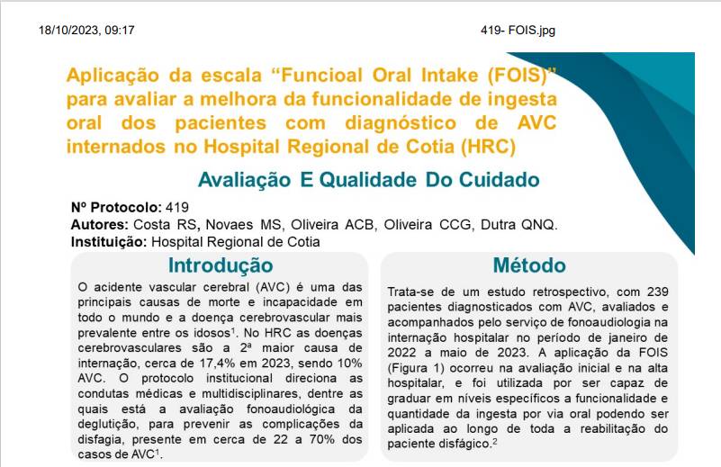 Aplicação da escala funcional oral Intake para avaliar a melhora da funcionalidade de ingesta oral de pacientes com diagnóstico de AVC