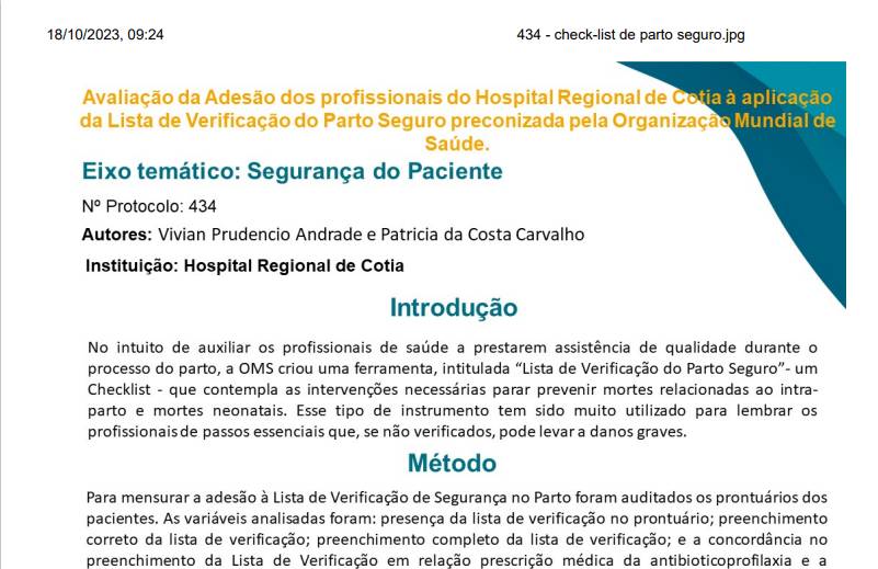 Avaliação da adesão dos profissionais do hospital regional de cotia à aplicação da lista de verificação do parto seguro preconizada pela OMS