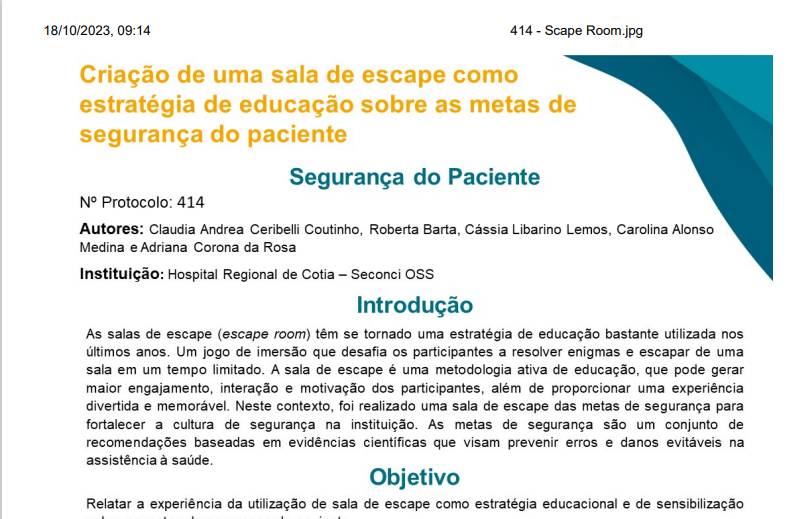 Criação de uma sala de escape como estratégia de educação sobre as metas de segurança do paciente