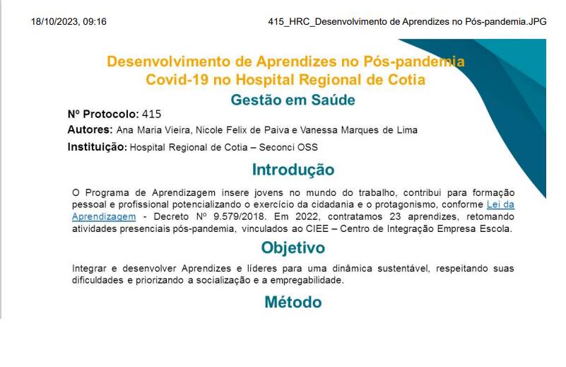 Desenvolvimento de aprendizes no pós-pandemia de COVID-19 no hospital regional de cotia