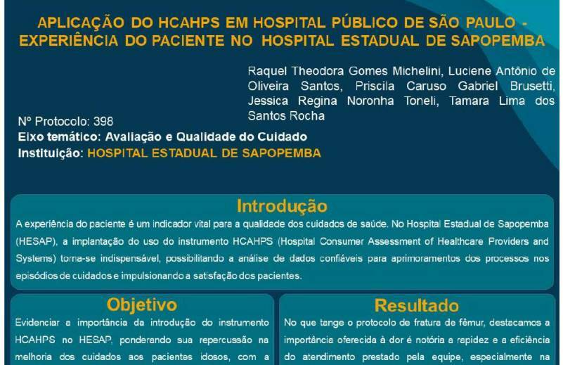 Aplicação do HCAHPS em hospital público de SP experiência do paciente no hospital estadual de sapopemba