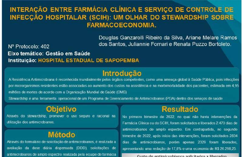 Interação entre farmácia clínica e serviço de controle de infecção hospitalar (SCIH) um olhar do stewarship farmacoeconomico