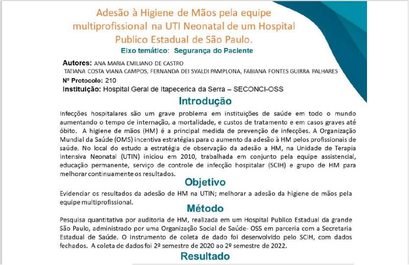 A adesão à higiene de mãos pela equipe multiprofissional na UTI neonatal de um hospital prúblico estadual de SP